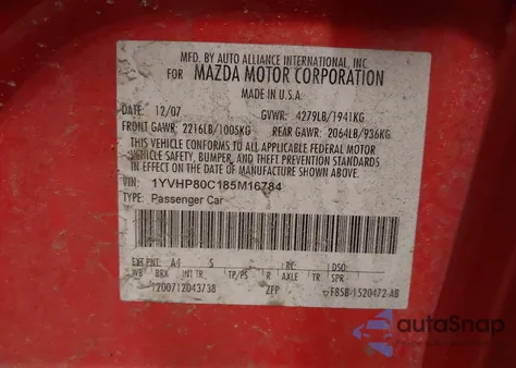 2008 Mazda Mazda6 I Sport Ve из США, поврежденный, VIN 1YVHP80C185M16784